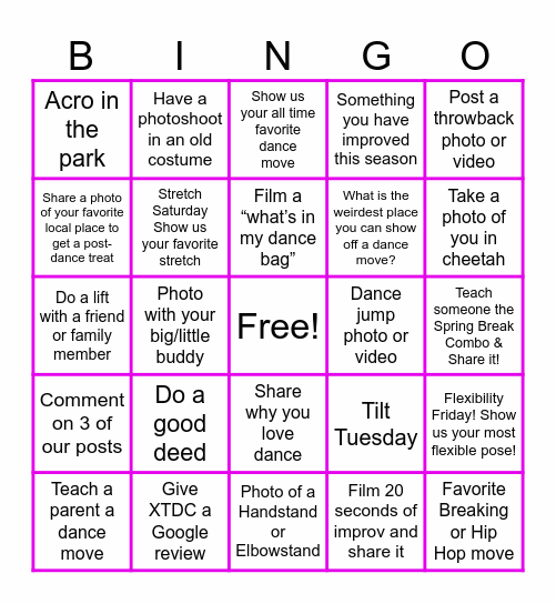 XTDC Dancer Bingo Card