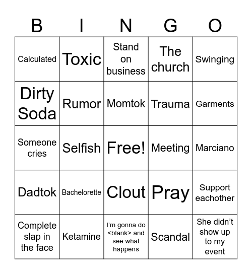 Mormon Wives Bingo Card