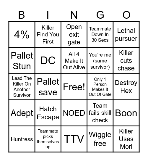 Dead By Daylight Bingo Card