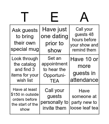 Steeping the Good Life Bingo Card