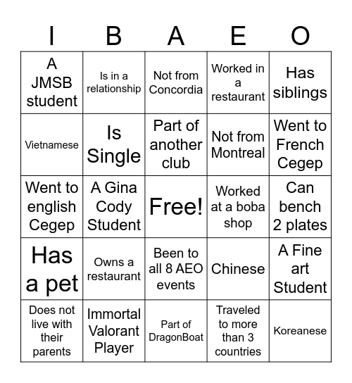 Ice Breaker AEO Bingo Card