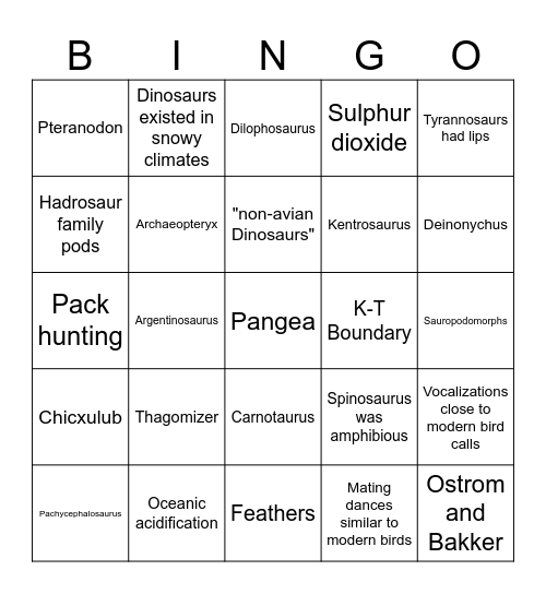 Netflix Dinosaur Bingo Card