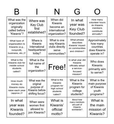 Kiwanis Bingo Card