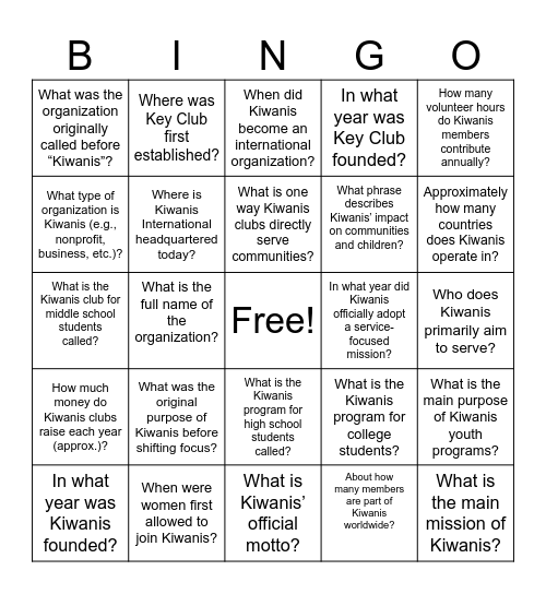 Kiwanis Bingo Card