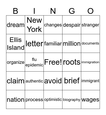 Ellis Island Bingo Card
