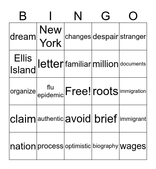 Ellis Island Bingo Card