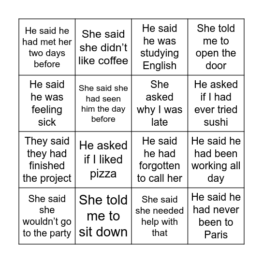 REPORTED SPEECH Bingo Card