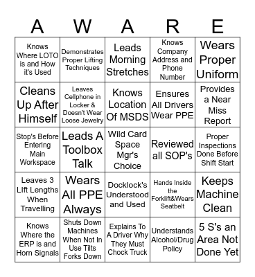 CMBC Safety Bingo Card