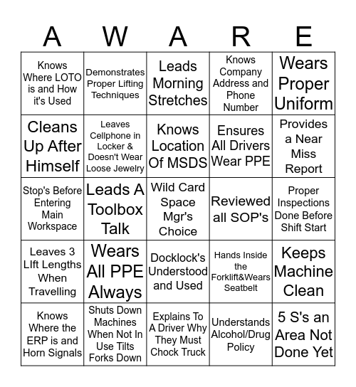CMBC Safety Bingo Card