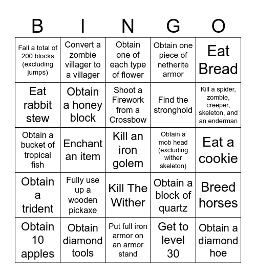 Minecraft Multiplayer Hardcore Bingo (Lockout Card Edit) Bingo Card