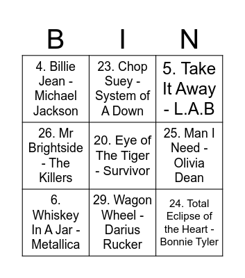 SPEC MUSIC BINGO Card