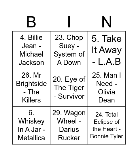 SPEC MUSIC BINGO Card
