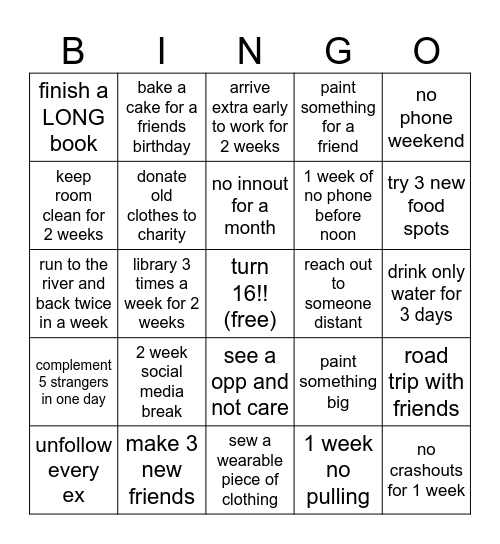 bettering myself 2026 bingo Card