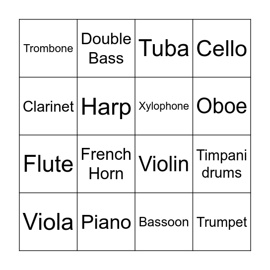 Instrument Listening Practice Bingo Card