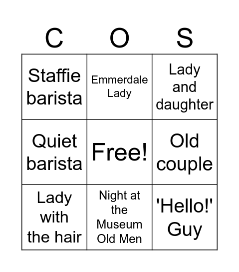 Costa Bingo Card