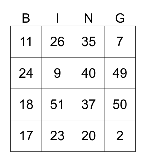 test Bingo Card