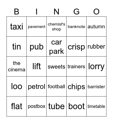 British English Bingo Card