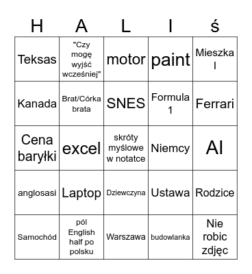 Haliś Bingo Card