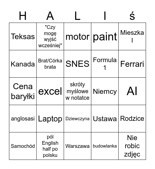 Haliś Bingo Card