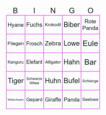 Wilde Tiere Bingo Card