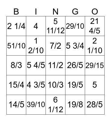 Mixed Number - Improper Fraction Bingo Card