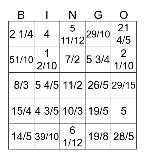 Mixed Number - Improper Fraction Bingo Card