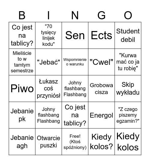Bingo cweli Bingo Card