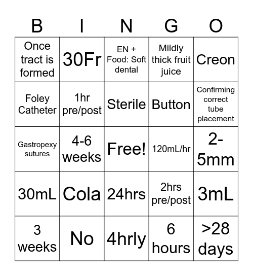 Enteral Feeding Bingo Card