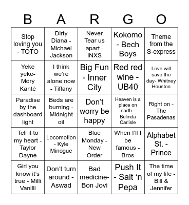BAR BINGO Card