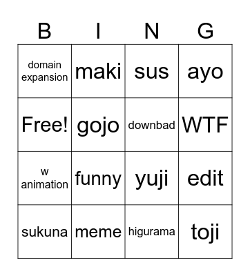 jjk 2 Bingo Card