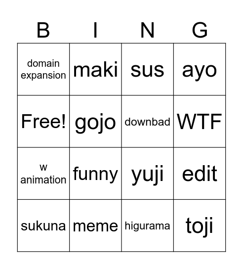 jjk 2 Bingo Card
