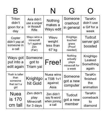 Tudcut 2026 Bingo Card