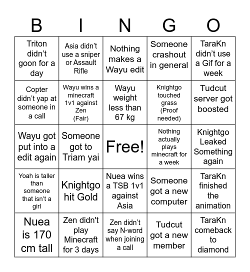 Tudcut 2026 Bingo Card