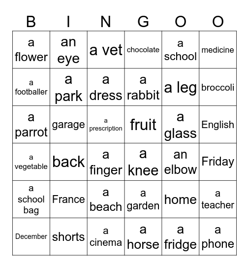 speaking Bingo Card