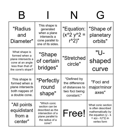 conic sections bingo Card