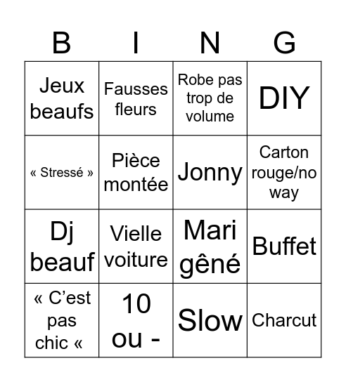 4 mariages Bingo Card