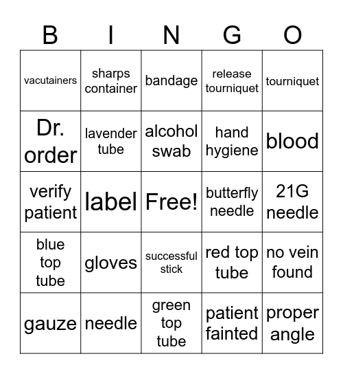 Blood Draw Bingo Card