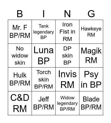 Marvel Rivals S5 BP and RM Bingo Card