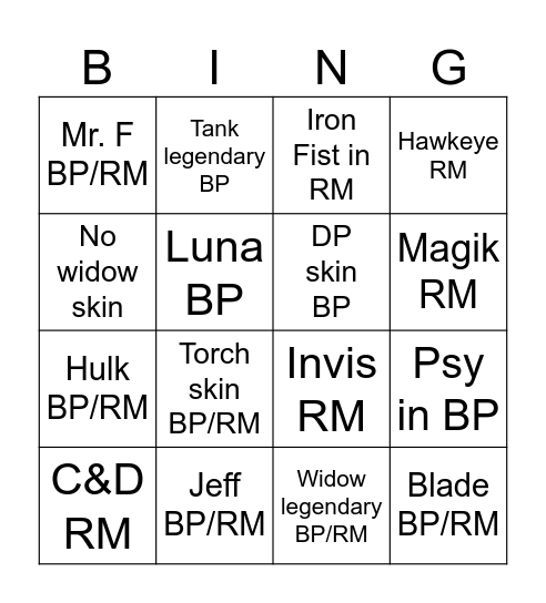 Marvel Rivals S5 BP and RM Bingo Card