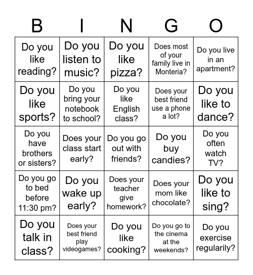 Present Simple Bingo Card