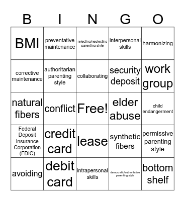 PFHS Final Exam Review Bingo Card