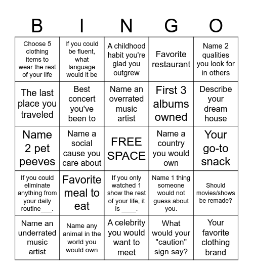 Icebreaker Bingo Card