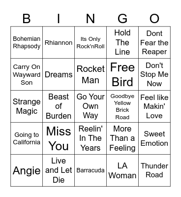 70s Classic Rock Bingo Card
