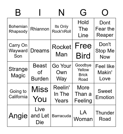 70s Classic Rock Bingo Card