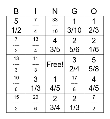 Fraction Bingo Card