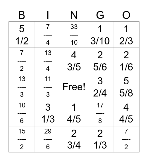 Fraction Bingo Card