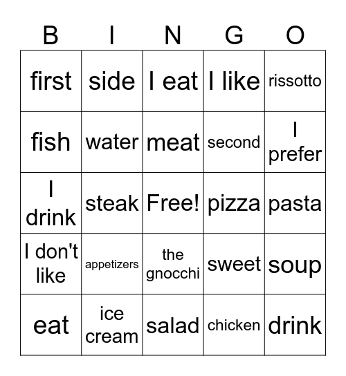 vocabolario Bingo Card