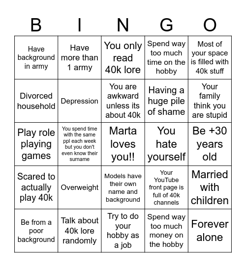 Warhammer autism BINGO! Bingo Card