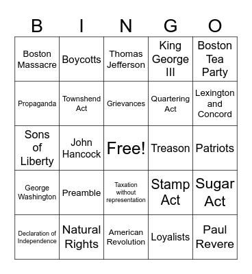 The Shots Heard Around the World Bingo Card