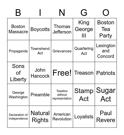 The Shots Heard Around the World Bingo Card